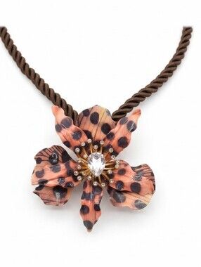 🤎▪️Betsey Johnson ▪️Brown Cord Leopard-Print Flower orchid  Pendant Necklace